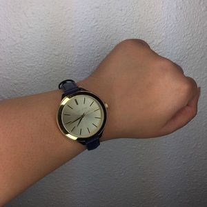 MK Mid-Size Gold / Blue Leather Watch MK228